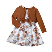 Toddler Girls Princess Dress with Shrugs Cover Ups Two-piece Set Floral Cotton Dress New Spring Printed Dress Knitted Cardigan Set Brown